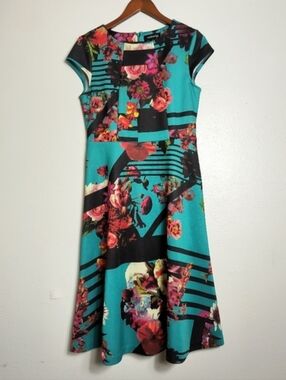 Indication by eci Size 8 Midi Flare Dress Cap Sleeves Teal Floral